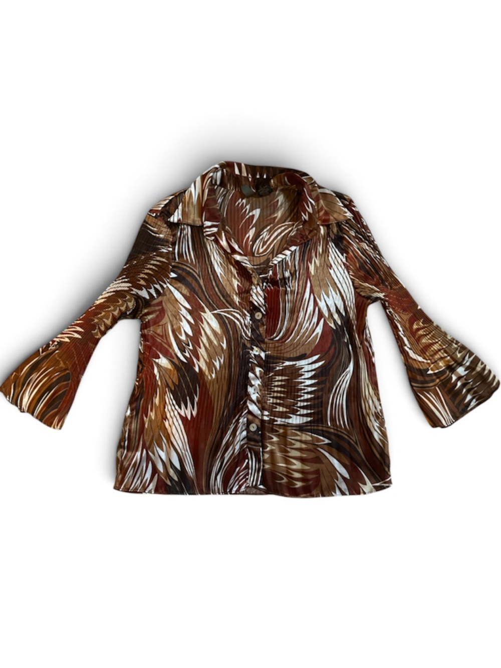 Ladies Brown Swirl Print Long-Sleeve Blouse